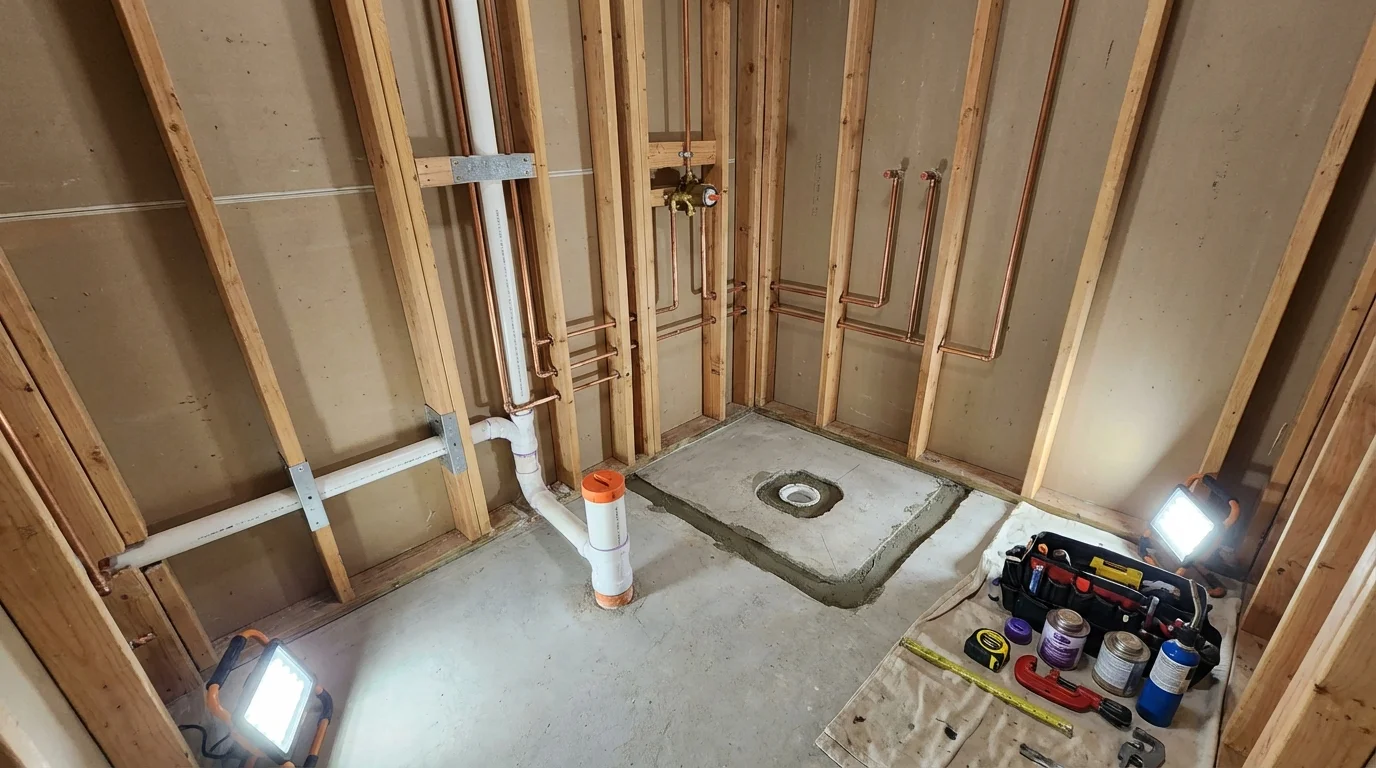 Bathroom rough-in plumbing during remodel by Johns Plumbing LLC in Shokan