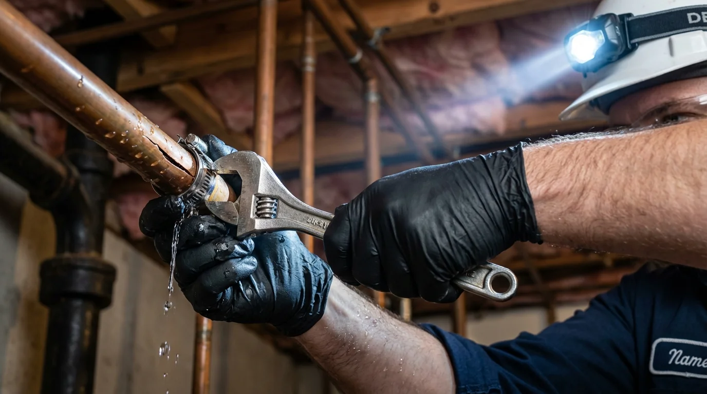 Emergency pipe clamp repair being performed by a Johns Plumbing LLC plumber in Shokan