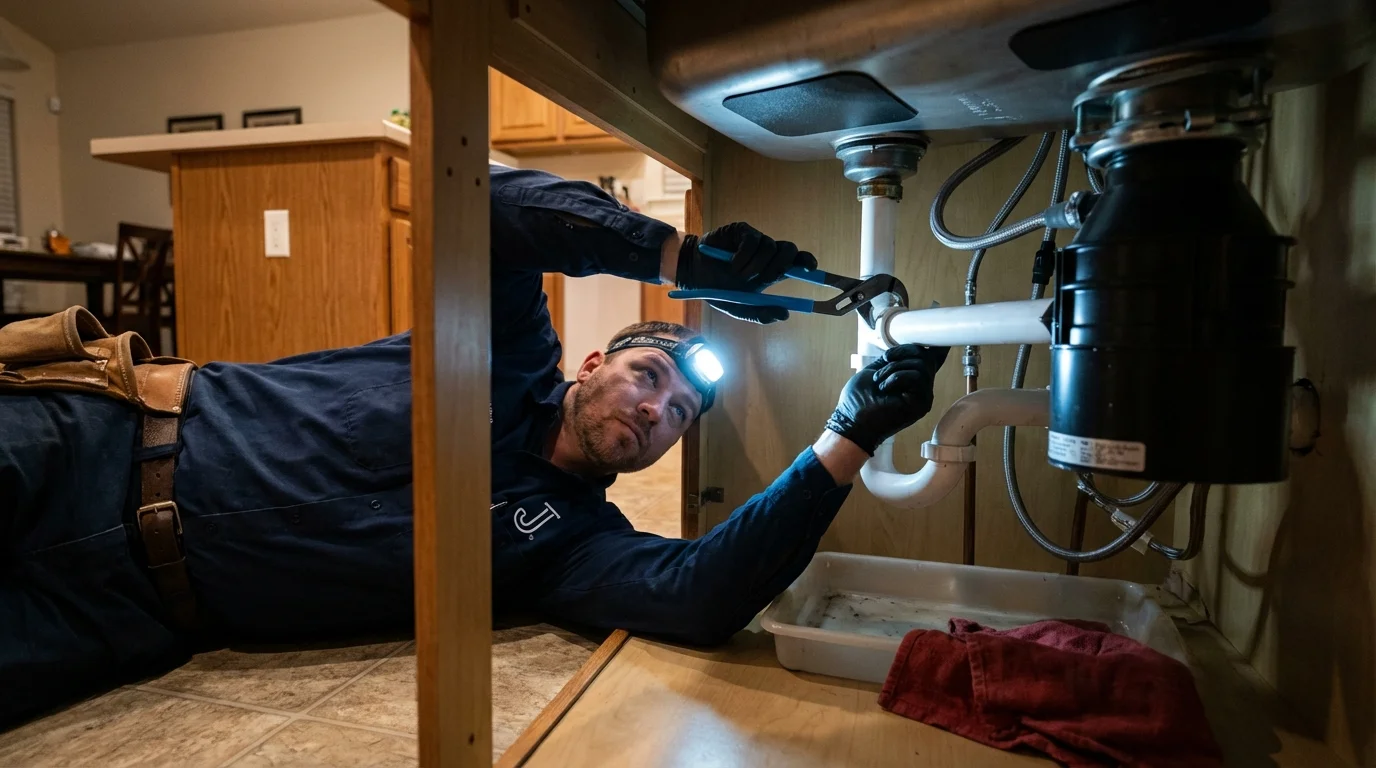 P-trap and supply line connections under a kitchen sink showing a common leak point in Shokan, NY